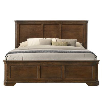 The vintage-inspired Ailany Traditional Wood Panel Bed with, Antique Walnut Finish is a great fit for your bedroom. This bed features a three-panel design on both the headboard and footboard in an antique walnut finish. This handsome bed features distinguished recessed picture frame moldings. Perfect for your own respite or for hosting loved ones in the guest bedroom, the Ailany bed will make the best kind of statement in your home. Available in king and queen sizes. The vintage-inspired Ailany King Size Bed Frame Wood, Antique Wood Bed Frame, Wood King Bed Frame, Wooden Panel Bed, King Size Bedroom Furniture Sets, Traditional Bed Frame, Wood Panel Bedroom, Wood Bedroom Furniture Sets, Brown Bed Frame