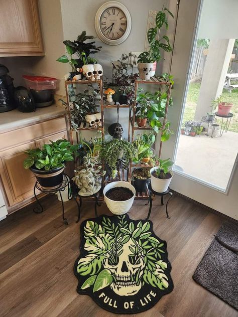 Green Witch Room Ideas, Plant Room Ideas Aesthetic, Botanical Goth Home, Goth Plant Decor, Pink Plant Room Aesthetic, Goth Sunroom, Boho Goth Home Decor, Goth Spring Decor, Goth Plant Aesthetic