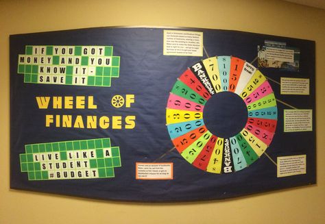 Wheel of Fortune / Wheel of Finances Financial Awareness Bulletin Board #ra #bulletinboard - the wheel had data on costs of college, groceries, rent, etc. Business Education Classroom, Resident Assistant Bulletin Boards, Fortune Wheel, Bulletin Boards Theme, Ra Bulletins, Ra Boards, Ra Bulletin Boards, Resident Assistant, Ra Ideas