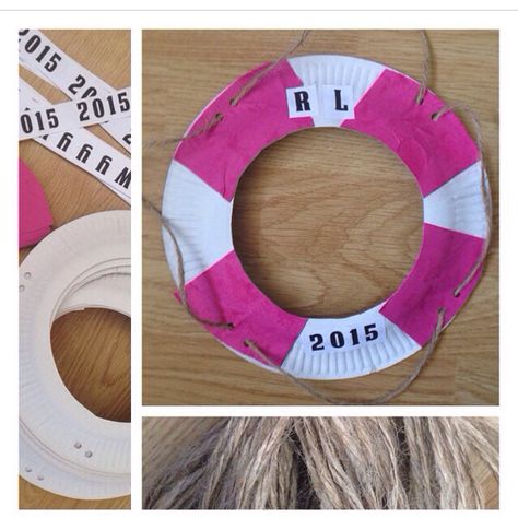 Paper plate life ring! Thread the rope add the the red paper shapes and find your initials and date!