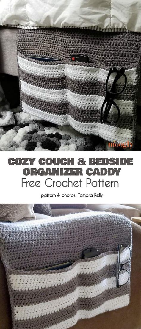 Cozy Couch Bedside Organizer Caddy Free Crochet Pattern #freecrochetpatterns #crochetcaddy #crochetorganizer Crochet Projects For Around The House, Crochet Caddy Free Pattern, Crochet Projects For Mom, Crochet Decor Patterns, Cool Crochet Projects, Household Crochet, Useful Crochet Projects, Crochet Quotes, Bedside Organizer