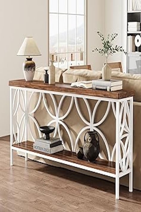 $169.99 .🤩 Industrial-Style Behind Sofa Table】: Combining vintage wood grain surface with black metal accents, this long console table oozes a sense of farmhouse that has passed the baptism of time. Designed with a unique, intricately shaped metal frame on the back, this slim console table blends effortlessly contemporary style with a hint of artistic flair Table Behind The Couch, Shelves For Shoes, Behind Sofa Table, Sofa Table Behind Couch, Industrial Sofa Table, Slim Console Table, Extra Long Console Table, Black Metal Accents, Sofa Table With Storage