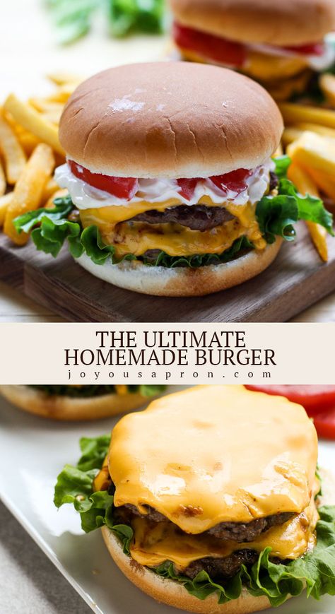 The Best Homemade Beef Burger - a classic all-American beef burger recipe that is flavorful and simple! Made on the grill or stove top. It's the perfect easy dinner meal that is freezer friendly and makes great leftovers !  #burger #beef #cheeseburger #cheese #cookout #dinner #barbecue #grilling #grill #recipe #joyousapron Best Beef Burger Patties, Good Cheeseburger Recipe, Burgers On The Grill Recipes, Best Burgers On The Grill Recipe, Mr Fables Olive Burger, Burger Sandwich Ideas, Easy Cheeseburger Recipes, Hamburger Recipes Stove Top, American Cheese Burger