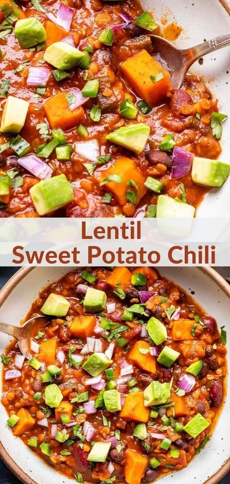 This hearty, one pot Lentil Sweet Potato Chili is smoky a little spicy, and full of plant based protein and fiber! It's the perfect dinner for a cold night. #chili #veganchili #vegetarianchili #vegandinner #vegetarianrecipees #healthydinner #onepotdinner #lentils #sweetpotato One Pot Lentil, Dinner For A Cold, Potato Chili Recipe, Sweet Potato Chilli, Lentil Sweet Potato, Sweet Potato Chili Recipe, Slow Cooker Turkey Chili, Potato Chili, Lentil Chili