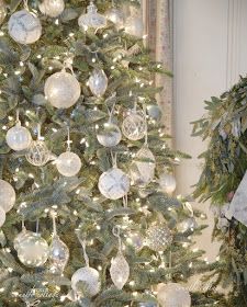 Balsam Hill white & clear ornaments French Country Cottage Christmas French Blue Christmas, Sparkle Christmas Tree, French Country Cottage Christmas, Sparkle Christmas, French Country Christmas, Crystal Christmas Tree, Clear Ornaments, Elegant Christmas Trees, Balsam Hill