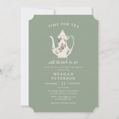 $3.25 | Sage Green Bridal Shower Tea Party Invitation #spring bridal shower, bridal tea party, bridal shower tea party, teapot, time for tea, tea with the bride, tea party, bridal tea, let's have tea, sage green bridal shower Sage Green Birthday Party, Sage Green Birthday, Birthday Party Tea Party, Green Birthday Party, Tea Bridal Shower Invitations, Green Bridal Showers, Spring Birthday Party, Bridal Shower Tea Party, Bridal Tea Party