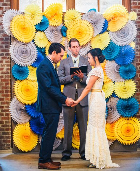 Colorful Homespun Atlanta Wedding: Sara + Blake Wedding Ceremony Backdrop Indoor, Yellow Backdrop, Wedding Reception Backdrop, Indoor Wedding Ceremonies, Diy Wedding Backdrop, Boda Mexicana, Wedding Ceremony Backdrop, Yellow Wedding, Ceremony Backdrop