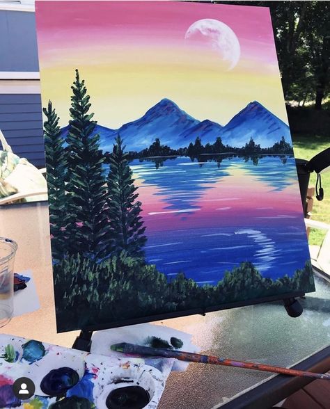 Sunset Painting Diy, Easy Paint And Sip Ideas, Paint And Sip Ideas, Painting On Canvas For Beginners, Sunset Canvas Painting, Scenery Painting, Sky Art Painting, Canvas For Beginners, Canvas Painting Tutorials