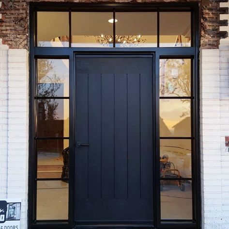 Black Steel Doors Exterior, Side Door With Glass, Modern Glass Doors Exterior Entrance, Black Framed Door Exterior, Outside Windows Ideas, Black Door Sidelights, Transom Front Door Entrance, Dutch Front Door With Sidelights, Black Glass Entry Door