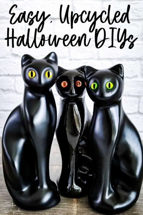 Halloween decor doesn't have to cost an arm and a leg- but of course, feel free to incorporate arms and legs into your displays! I'm just kidding (sort of), but with these easy Halloween decorations you can upcycle, your budget won't be "spooked" at all this year! Can Upcycle, Cat Candle Holder, Thrifty Crafts, Habitat Restore, Inspirational Lyrics, Halloween Symbols, Halloween Craft Projects, Cat Candle, Upcycling Projects