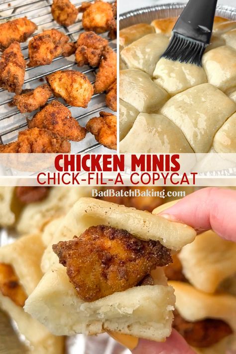 chick-fil-a chicken minis Copycat Chik Fil A Chicken Minis, Chic Fil A Copycat Chicken Minis, Chick Fil A Mini Biscuit Recipe, Chick Fil A Breakfast Minis, Homemade Chicken Minis, Chick Fil A Biscuit Recipe, Chicken Minis Chick Fil A, Chick Fil A Chicken Minis, Chicken Nugget Sliders