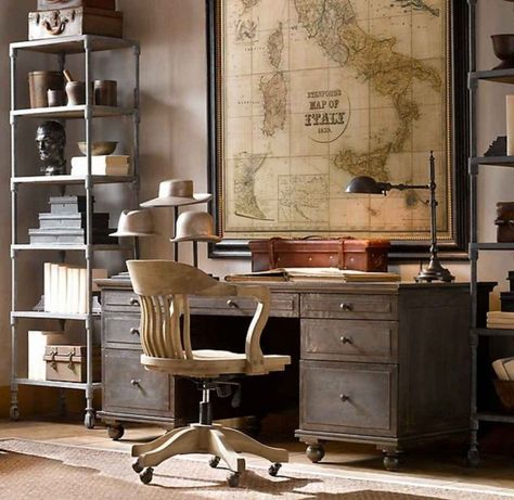 Remodelaholic | Inspiration File: Industrial Steampunk Steampunk House, Vintage Industrial Decor, Steampunk Decor, Vintage Industrial Furniture, Bookshelf Design, Map Decor, Small Home Office, Home Office Space, Large Living Room