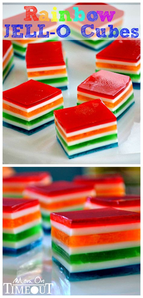 Rainbow JELL-O Cubes | MomOnTimeout.com - Rainbow JELL-O Cubes are perfect for St. Patrick's Day or any day you want to bring a smile to someone's face!  The perfect treat! #Jello #StPatricksDay #recipe Rainbow Gelatin Cubes, 7 Layer Jello Salad, Pretty Jello Desserts, Jello And Marshmallows Recipes, Layered Gelatin Dessert, 7 Layer Jello, Jello Cubes, Layer Jello, Jello Squares