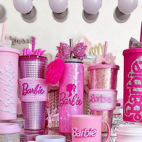 Barbie Cups Idea, Barbie Tumbler Ideas, Bedazzled Bottles, Barbie Tumbler, Bedazzled Bottle, Pink Letters, Pink Mug, Custom Tumbler Cups, Custom Tumbler