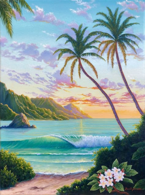 Dan Johnson Artist Beach Art Painting, Hawaiian Art, Children Playing, Landscape Art Painting, Three Children, Wave Art, Tropical Art, Surf Art, Beach Painting