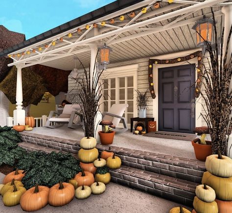 Bloxburg Fall House Ideas Small, Bloxburg Fall Build Hacks, Bloxburg Fall House Colors, Front Porch Bloxburg, Bloxburg Fall House Layouts 2 Story, Bloxburg Thanksgiving, Barn Bloxburg, Front Porch Ideas Bloxburg, Fall House Ideas