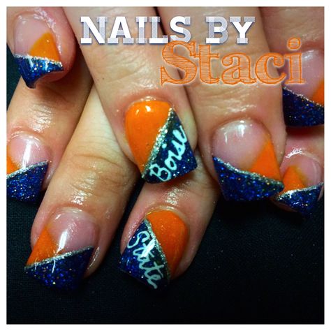 Boise state nails Boise State Nail Designs, Boise State Nails, Denver Broncos Nails, Broncos Nails, Boise State Football, Football Nails, Boise State University, Boise State, Denver Broncos