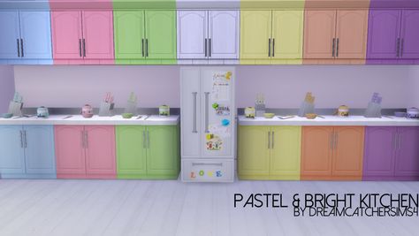 Pastel & Bright KitchenI got a little bit kitchen recolour crazy but have been really excited about sharing this with you all!! • Base game recolours • No overrides • Custom thumbnails • Packaged as... Pastel Furniture, Sims 4 Blog, Sims 4 Kitchen, Tom Pastel, Sims 4 Cc Kids Clothing, Cc Furniture, Bright Kitchen, Pink Furniture, Purple Kitchen