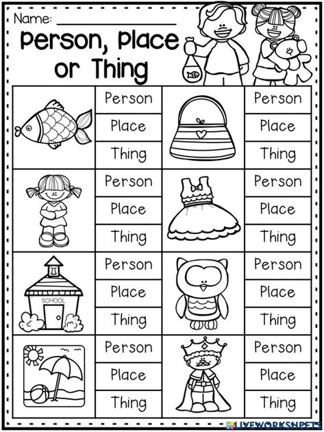 Nouns Worksheet Kindergarten, Nouns Kindergarten, Kindergarten Grammar Worksheets, Nouns And Verbs Worksheets, Kindergarten Grammar, Aktiviti Prasekolah, Person Place Thing, First Grade Curriculum, Homeschool Worksheets