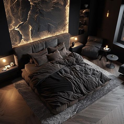 Geometric Bedroom Ideas, Nice Bedroom Ideas For Couples, Dark Asthetics Bedrooms, Black Room Decor Bedroom Dark, Men’s Black Bedroom Ideas, Moody Coastal Bedroom, Dark Bedroom Decor, Men’s Black Bedroom, Modern Men’s Bedroom Ideas