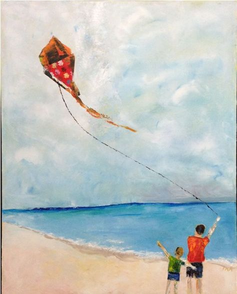 Kite Flying with Daddy, Ika Forsell, Oil and Japanese Washi Paper on Canvas, 61 x 76 cm, 2013 Kites Painting, Kite Drawing, Flying Kite, Flying Kites, Paper On Canvas, Japanese Washi Paper, Wallpaper Video, Iphone Wallpaper Video, Door Art