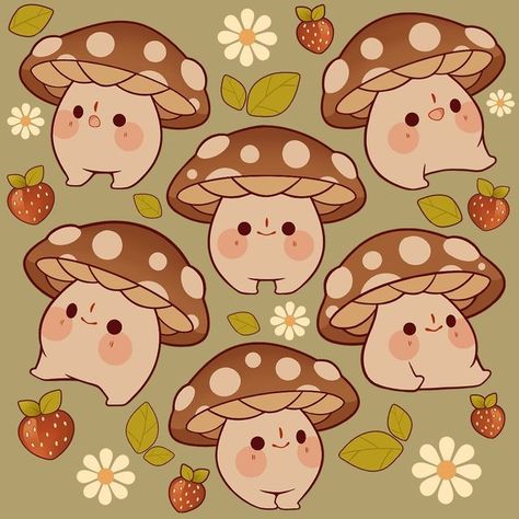 Rihn 🍄 on Instagram: "Hi Friends! 🍄🌿 Here is a redraw of a pattern I made a couple months ago! Wanted the colors more vibrant this time and the mushrooms on the old one were not chonky enough 👀 Hope you like it! It is available on my Redbubble! so you can pretty much decorate your entire house in mushrooms including your pets. 🍄🐱🐶 Hope you all have a great weekend! . . . . . 🍄[Tags]🍄 #mushroom #mushrooms #mushrooms🍄 #fungi #fungilove #fungifreaks #mushroomart #cottagecore #cottagecorea Mushroom Drawing People, Mushroom Anime Icon, Cute Mushroom People, Cute Mushroom Doodle, Mushroom Core Aesthetic, Chibi Mushroom, Mushroom Oc, Cute Mushroom Art, Cute Mushroom Drawing