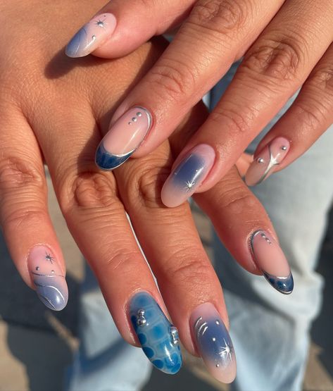 🌌 starry night 🌌 watch me prep for these nails on my TikTok 😉 . . . . gel overlay, blue nails, long nails, fall nails #longnails #almondnails #roundnails #gelnails #russianmanicure #drymanicure #naturalnails #napervillenails #chicagonails #illinoisnailtech #illinoisnails #nailart #nailinspo #naildesign #nailsnailsnails #nailsofinstagram Long Nails Fall, Blue Nails Long, Winter Blue Nails, Winter Nails Blue, Aura Nails, Nails Fall Nails, Gel Overlay, Night Watch, Nails Blue