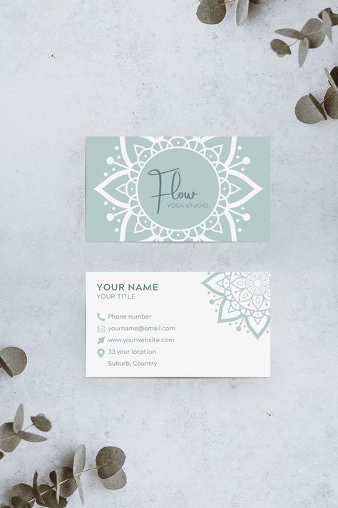 Free Canva Template - Teal Mandala Flow Yoga Studio Business Card. Available with a Pro subscription. Designed in Auckland, New Zealand by Design by Cheyney. Yoga Business Cards, Reiki Business Cards, Namaste Logo, Mandala Logo Design, Studio Business Card, Mandala Logo, Yoga Instructor Business Card, Brand Inspiration Board, Yoga Cards