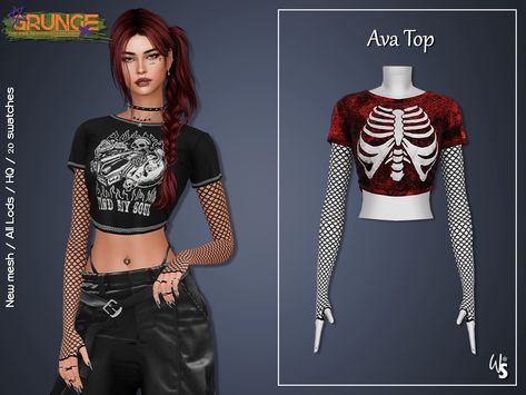 The Sims Resource - Sims 4 - Clothes - WisteriaSims - For Woman - Ava Top for woman Sims 4 Long Sleeve Crop Top, Sims 4 Cc Skeleton Clothes, Grunge Outfits Sims 4 Cc, Sims 4 Evil Cc, Sims 4 Female Shirts Cc, Sims 4 Cc Arabic Clothes, Gothic Clothes Sims 4 Cc, Sims Alpha Cc Clothes, Hydra Sims 4 Cc