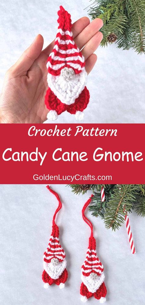 Crochet Candy Cane Gnome - GoldenLucyCrafts Crochet Christmas Candy, Free Crochet Pattern Christmas, Crochet Candy Cane, Small Crochet Gifts, Crochet Candy, Crochet Applique Patterns Free, Winter Ornaments, Candy Ornaments, Crochet Xmas