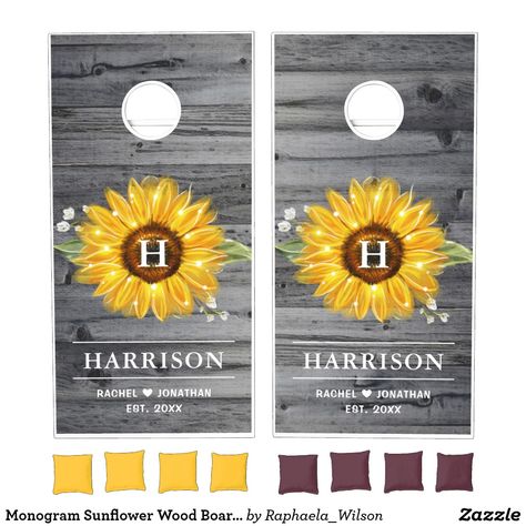 Monogram Sunflower Wood Boards Rustic Wedding Cornhole Set Wedding Cornhole Boards, Wedding Cornhole, Cornhole Designs, Family Backyard, Orange Sunflowers, Sunflowers And Daisies, Cornhole Game, Family Monogram, Personalized Housewarming Gifts