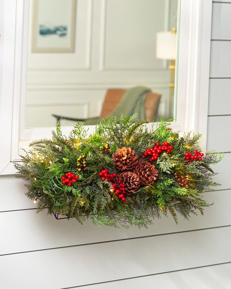 Freshen up your outdoor spaces with evergreen accents that last season after season. Set on the porch or by the kitchen window, this elegant assortment brightens up your home in an instant. | 12" Outdoor Winter Evergreen Window Box, Width 12 in, LED Clear Lights by Balsam Hill Christmas Window Boxes, Winter Window Boxes, Christmas Foliage, Realistic Artificial Christmas Trees, Slim Tree, Holidays Ideas, Prelit Tree, Winter Window, Balsam Hill