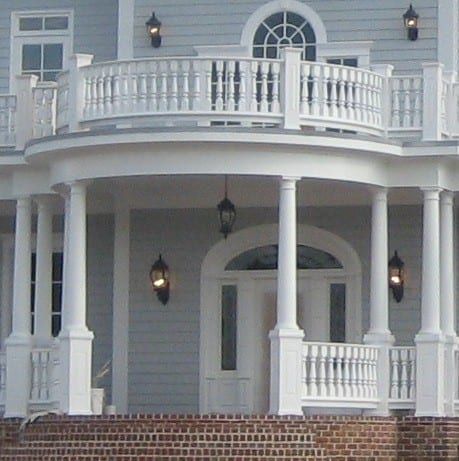 Curved Porch Railing: the Ultimate in Exterior Architectural Millwork Composite Porch, Curved Porch, Front Balcony Design, Porch Balusters, Porch Rails, Porch Railing Designs, Villa Exterior Design, Front Porch Railings, Railing Designs