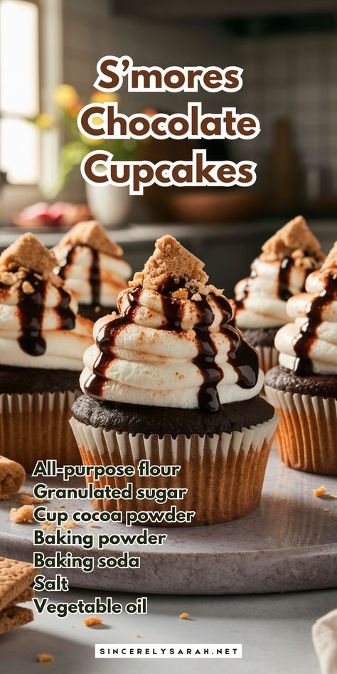 S’mores Chocolate Cupcakes | Sugar&Cinnamon S’more Cupcake Recipe, Campfire S’mores Cupcakes, S’mores Cupcake, Rodeo Cupcakes, Chocolate Cupcake Ideas, Bonfire Cupcakes, Smores Cupcake, Mint Chocolate Chip Cupcakes, Caramel Apple Sangria