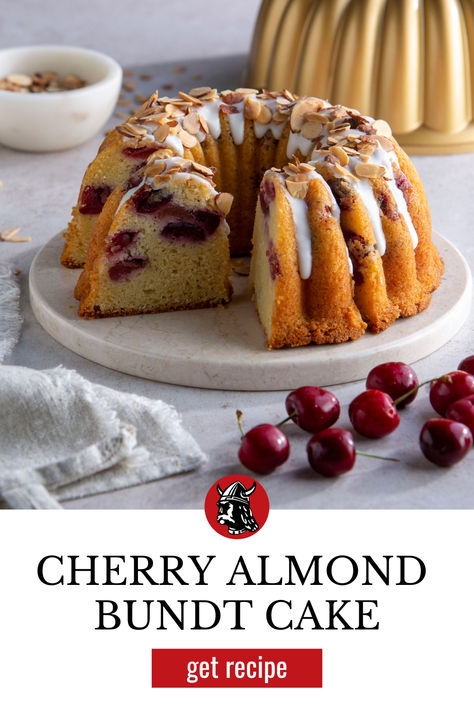 Cherry Almond Bundt Cake, get recipe! A cherry almond Bundt cake topped with a vanilla glaze and almonds with a slice taken out of it to see the bright red cherries inside of the cake on a white plate. Next to the plate there are additional cherries, a bowl of almonds, and Nordic Ware's Elegant Party Bundt. Bundt Cake Recipes Almond, Cherry Cream Cheese Bundt Cake, Cherry Almond Ricotta Cake, Chocolate Cherry Bundt Cake Easy, Cherry Almond Bundt Cake, King Arthur Recipes, Cream Cheese Bundt Cake, Cherry Almond, Summer Baking