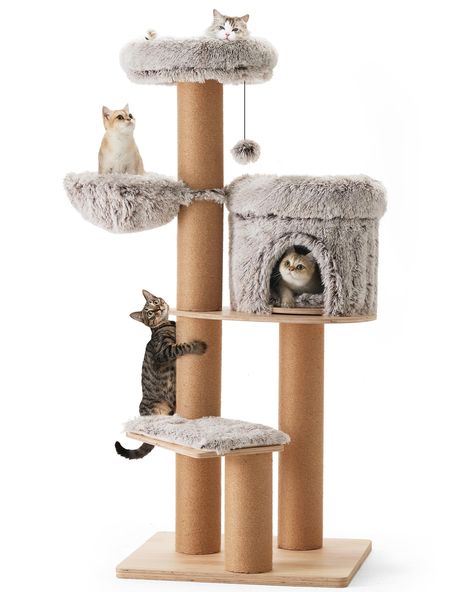 PRICES MAY VARY. Multi layer Structure - 4-layer cat tree can satisfy your cats nature of climbing, scratching, and sleeping. Cats can lie on the perch on top, sunbathe by looking out the window, play hunter games with plush ball, or scratch jute posts to release stress. Pet friendly Material - This wood cat tower is made of rubber multilayer board, paired with scratching post with natural jute rope. The skin friendly plush cover provides maximum softness and optimal warmth for your cat. Ultimat Kitten Tower, Kitten House, Sleeping Cats, Hunter Games, Modern Cat Tree, Cat Tree Condo, Cat Activity, Wood Trunk, Indoor Cats