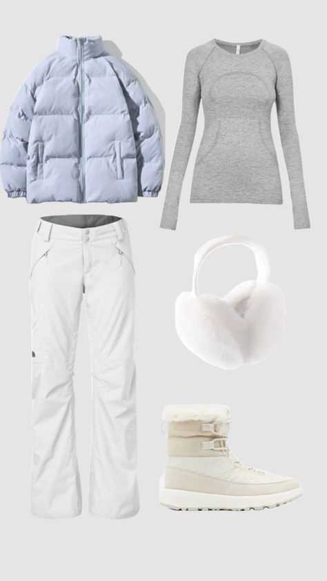 Cute Ski Clothes, Cute Snowboard Outfits, Cute Ski Jackets, Blue Ski Outfit, Preppy Ski Outfits, Aesthetic Ski Outfit, White Ski Pants Outfit, Ski Fits Aesthetic, Ski Pants Outfit