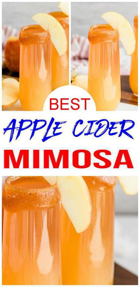 Apple Cider Mimosas Recipe, Apple Cider Mimosas Fall Cocktails, Mimosa Without Orange Juice, Halloween Easy Alcoholic Drinks, Apple Juice Mimosa, Caramel Apple Mimosa Recipe, Thanksgiving Themed Breakfast, Halloween Brunch Ideas Breakfast Recipes, Halloween Themed Brunch Food