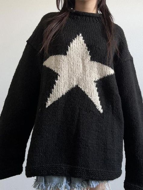 Comyee Star Pattern Winter Pullover Women Casual Loose Knitted Sweater White Long Sleeve Knitwear Female Fashion O-Neck Warm Jumper black-XL Loose Knitwear, Autumn Knitwear, Harajuku Women, Star Clothing, Pullover Women, Outfit Chic, Winter Pullover, Star Sweater, Sweater White