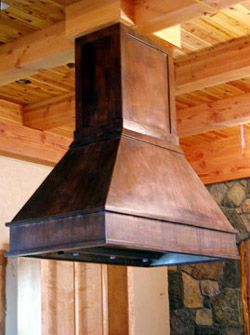 Patinated Copper Pyramid Hood with Decorative Strapping #copper #kitchen #rangehood Free Standing Range Hood, Island Hoods Kitchen, Range Hood With Open Shelving Copper, Island Vent Hood, Range Hood Vaulted Ceiling Copper, Copper Accent Range Hood, Oven Hoods Copper, Kitchen Island Range Hood, Kitchen Island Range