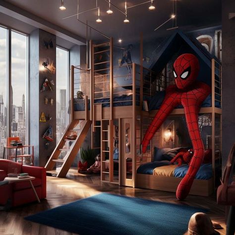 4 Bunk Bed Rooms, Spider Man Bunk Bed, Kids Room Aesthetic Boy, Cool Kids Bedrooms For Boys, Spiderman Theme Bedroom, Bedroom Ideas Spiderman, Modern Spiderman Room, Spiderman Theme Room, Spiderman Themed Room