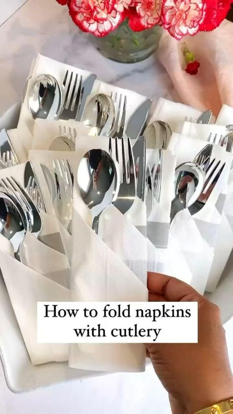 How to Fold Napkins for Cutlery [Video] | Napkin folding, Spoon crafts, Fancy napkin folding How To Fold Napkins, Creative Napkin Fold, Beautiful Napkin Folding, Fold Napkins, Fancy Napkin Folding, Easy Napkin Folding, Paper Napkin Folding, Table Etiquette, Creative Napkins