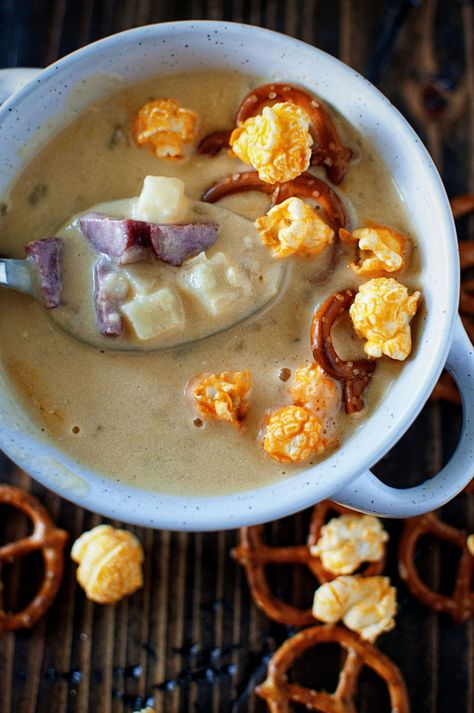 Couch Potato Beer Cheese Soup Potato Beer Cheese Soup, Stick Pretzels, Beef Stick, Beer Cheese Soup, Beer Cheese Soups, Beef Sticks, Velveeta Cheese, Football Party Food, Best Soup Recipes