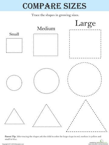 Reinforce the concept of sizes by comparing small, medium, and large. Outline the shapes and then color each size with its own hue.