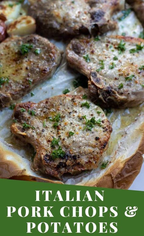 Weeknight dinner just got easier with this Baked Italian Pork Chops and Potatoes Recipe. Not only is this sheet pan meal super quick and easy to make but it is budget friendly too. Bone-in pork chops, onions and red potatoes tossed with Italian dressing season then oven baked to perfection. #easydinnerrecipes #porkchoprecipes #boneinporkchoprecipes #sheetpandinners #sheetpandinnerrecipes #budgetrecipes #easydinner #porkchopsandpotatoes #italianporkchops #30minutemeals Italian Baked Pork Chops, Pork Chop Recipes Baked Bone In With Potatoes, Italian Dressing Pork Chops Baked, Italian Seasoning Pork Chops, Italian Pork Chops In Oven, Italian Style Pork Chops Recipe, Pork Chop Bone In Recipes Ovens, Italian Pork Chop Recipes, Pork Chop Recipes Baked Bone In