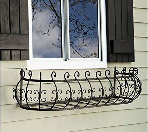 Iron Window Boxes, Parisian Windows, Wrought Iron Window Boxes, Metal Window Boxes, Pergola Plans Roofs, Wrought Iron Window, Metal Wall Planters, Box Flowers, Iron Planters