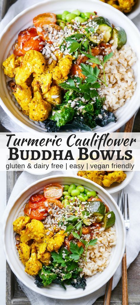 Roasted Turmeric Cauliflower Buddha Bowls make such a colourful, healthy meal! This vegan and gluten free recipe is easy to make and flexible. By Nourish Everyday Turmeric Cauliflower, Buddha Bowls Recipe, Gluten Free Recipe, Buddha Bowls, Vegan And Gluten Free, Vegan Bowls, Buddha Bowl, Egg Free, Vegan Eating