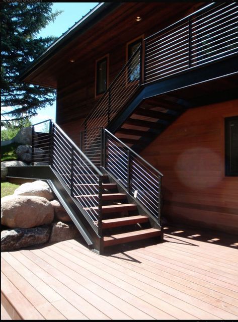 Outdoor Balcony Stairs Ideas, Outdoor Stairs To House, Exterior Stairs To Front Door, Exterior Stairs Design, Outdoor Stairs To House Entrance, Outside Stairs Design, External Stairs, Deck Staircase, Exterior Stair Railing