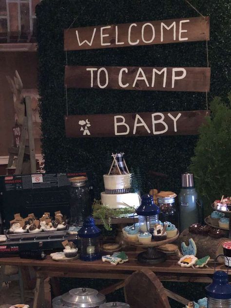 Welcome to camp baby  | CatchMyParty.com A Little Camper Is On The Way, Cabin Baby Shower Theme, Camp Baby Shower Theme, Outdoor Theme Baby Shower Ideas, Little Camper Baby Shower Ideas, Camp Baby Shower Ideas, Campfire Baby Shower Theme, Happy Camper Baby Shower Theme, Camp Theme Baby Shower Ideas