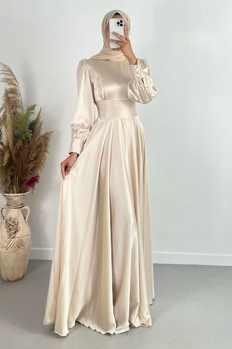 Bridesmaid Dresses Hijab, Dress Muslim Modern, Long Sleeve Satin Dress, Full Sleeves Dress, Hijab Dress Party, Satin Dress Long, Muslim Fashion Dress, Glamour Dress, Muslim Dress